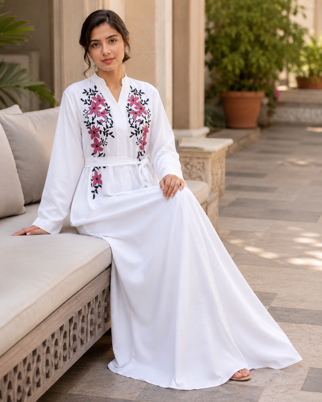 Women's White Floral Embroidered Maxi Dress Long Sleeve Belted Modest Abaya UK