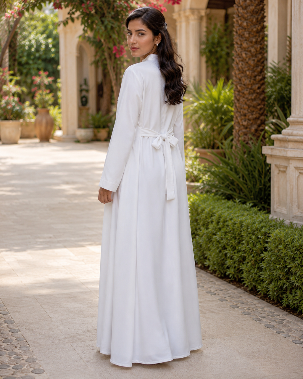 Women's White Floral Embroidered Maxi Dress Long Sleeve Belted Modest Abaya UK