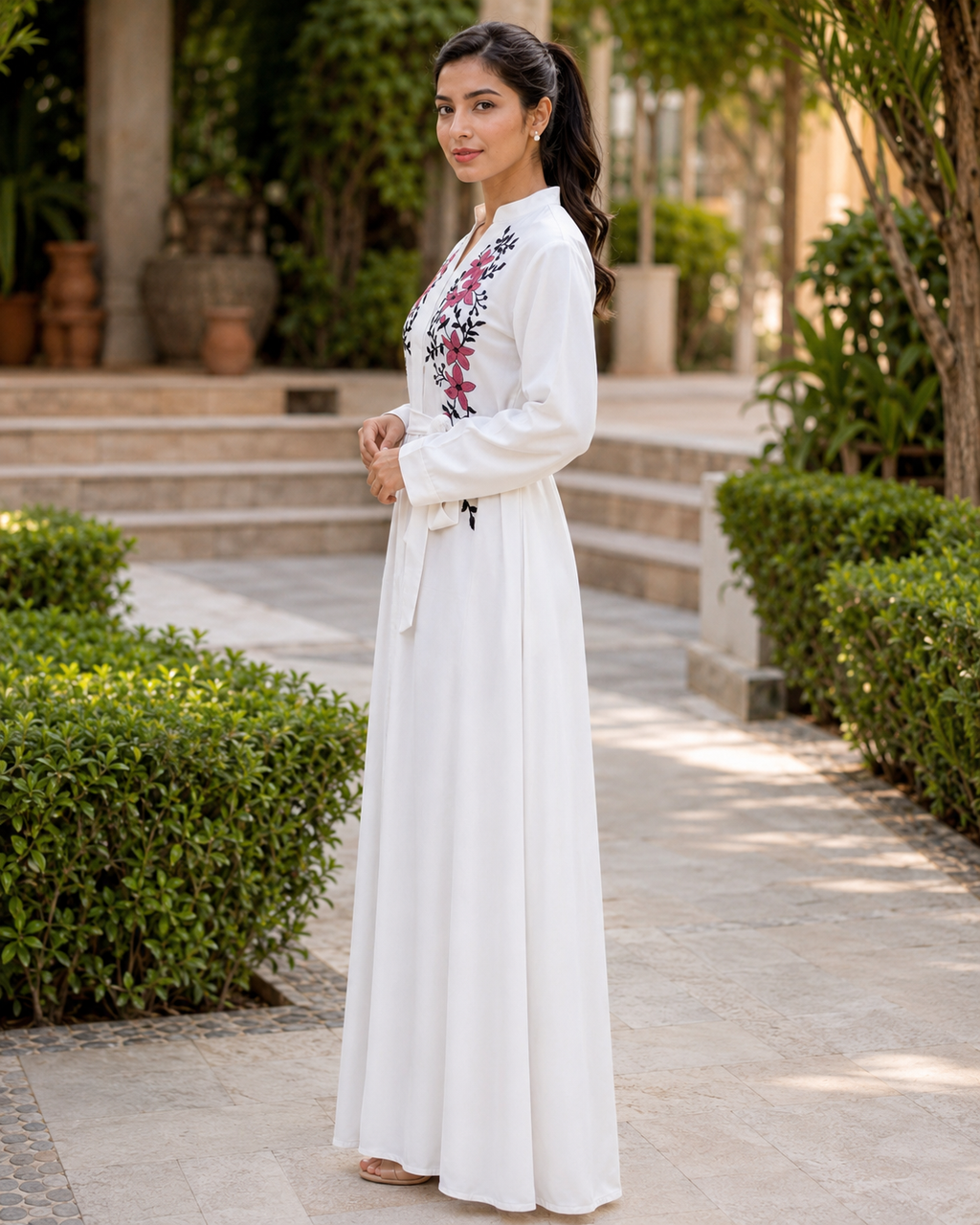 Women's White Floral Embroidered Maxi Dress Long Sleeve Belted Modest Abaya UK