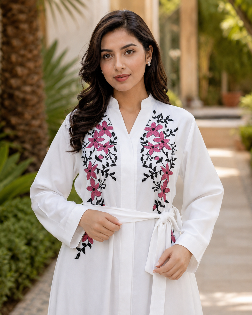 Women's White Floral Embroidered Maxi Dress Long Sleeve Belted Modest Abaya UK