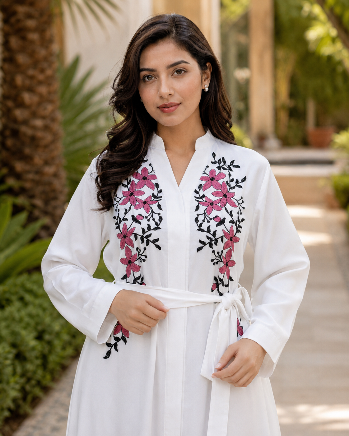 Women's White Floral Embroidered Maxi Dress Long Sleeve Belted Modest Abaya UK