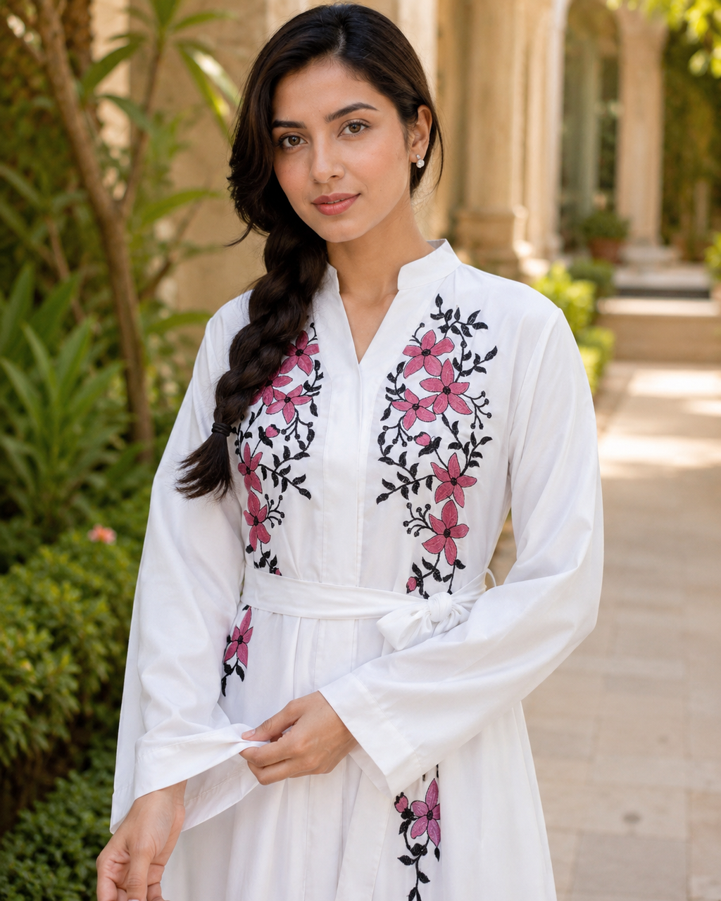 Women's White Floral Embroidered Maxi Dress Long Sleeve Belted Modest Abaya UK