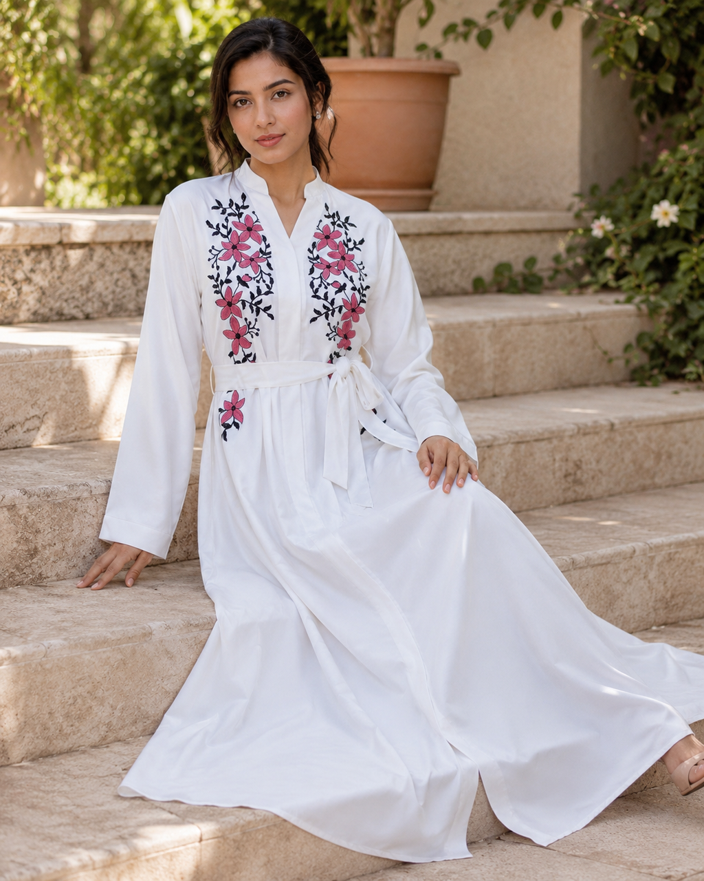 Women's White Floral Embroidered Maxi Dress Long Sleeve Belted Modest Abaya UK