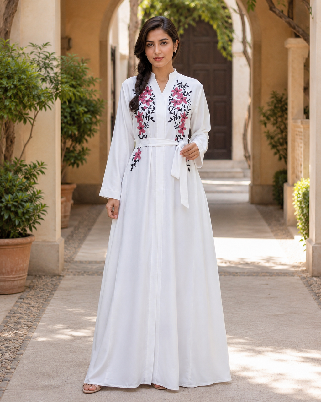 Women's White Floral Embroidered Maxi Dress Long Sleeve Belted Modest Abaya UK