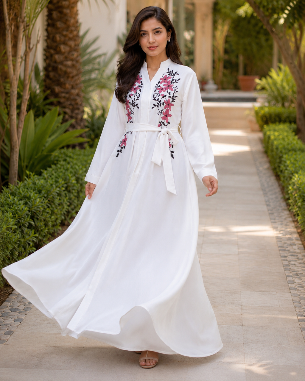 Women's White Floral Embroidered Maxi Dress Long Sleeve Belted Modest Abaya UK