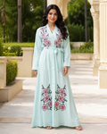 Women's Mint Floral Embroidered Maxi Dress Long Sleeve Belted Modest Abaya UK