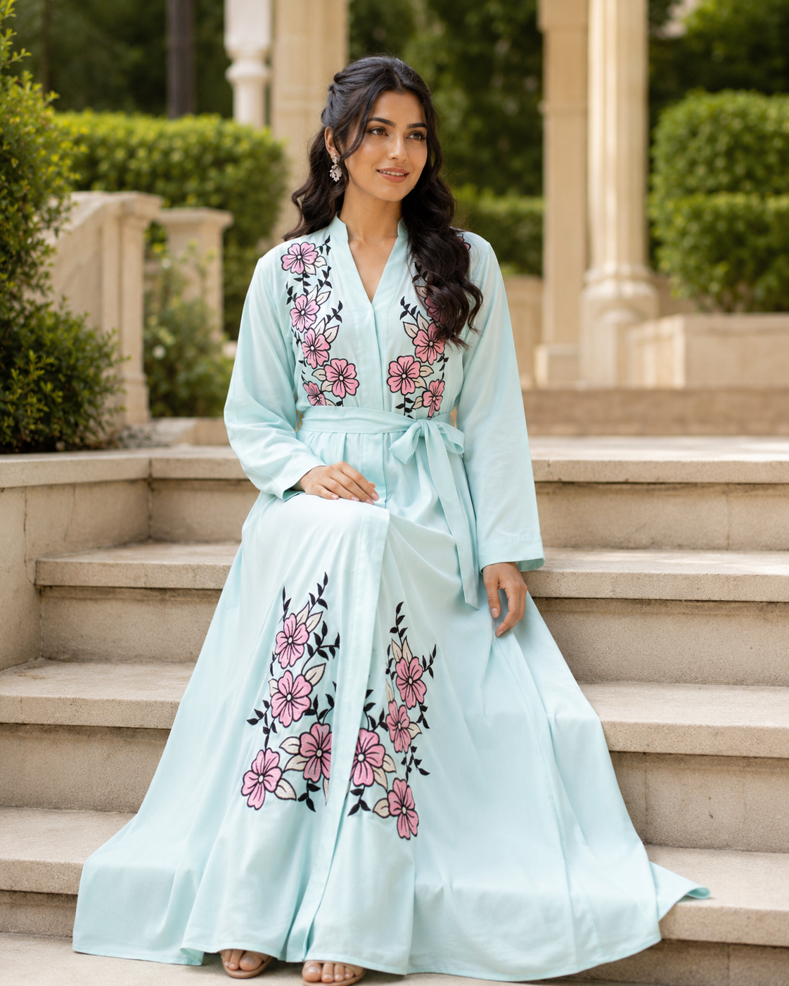 Women's Mint Floral Embroidered Maxi Dress Long Sleeve Belted Modest Abaya UK