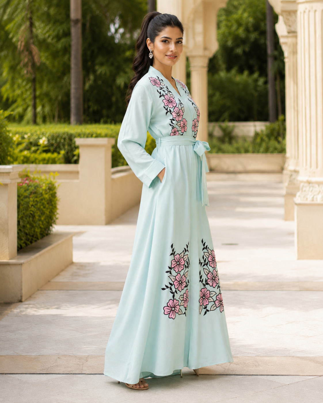 Women's Mint Floral Embroidered Maxi Dress Long Sleeve Belted Modest Abaya UK