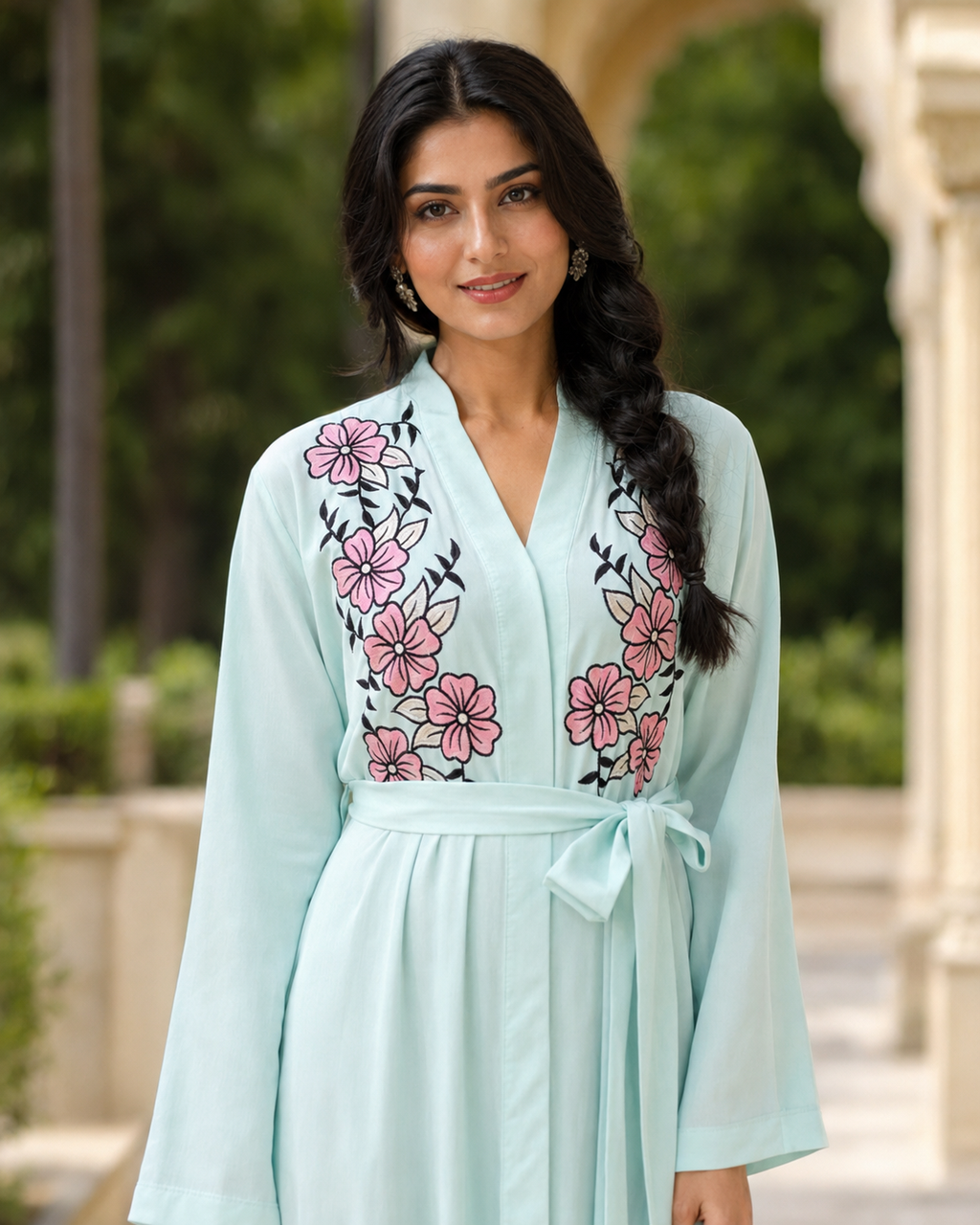 Women's Mint Floral Embroidered Maxi Dress Long Sleeve Belted Modest Abaya UK