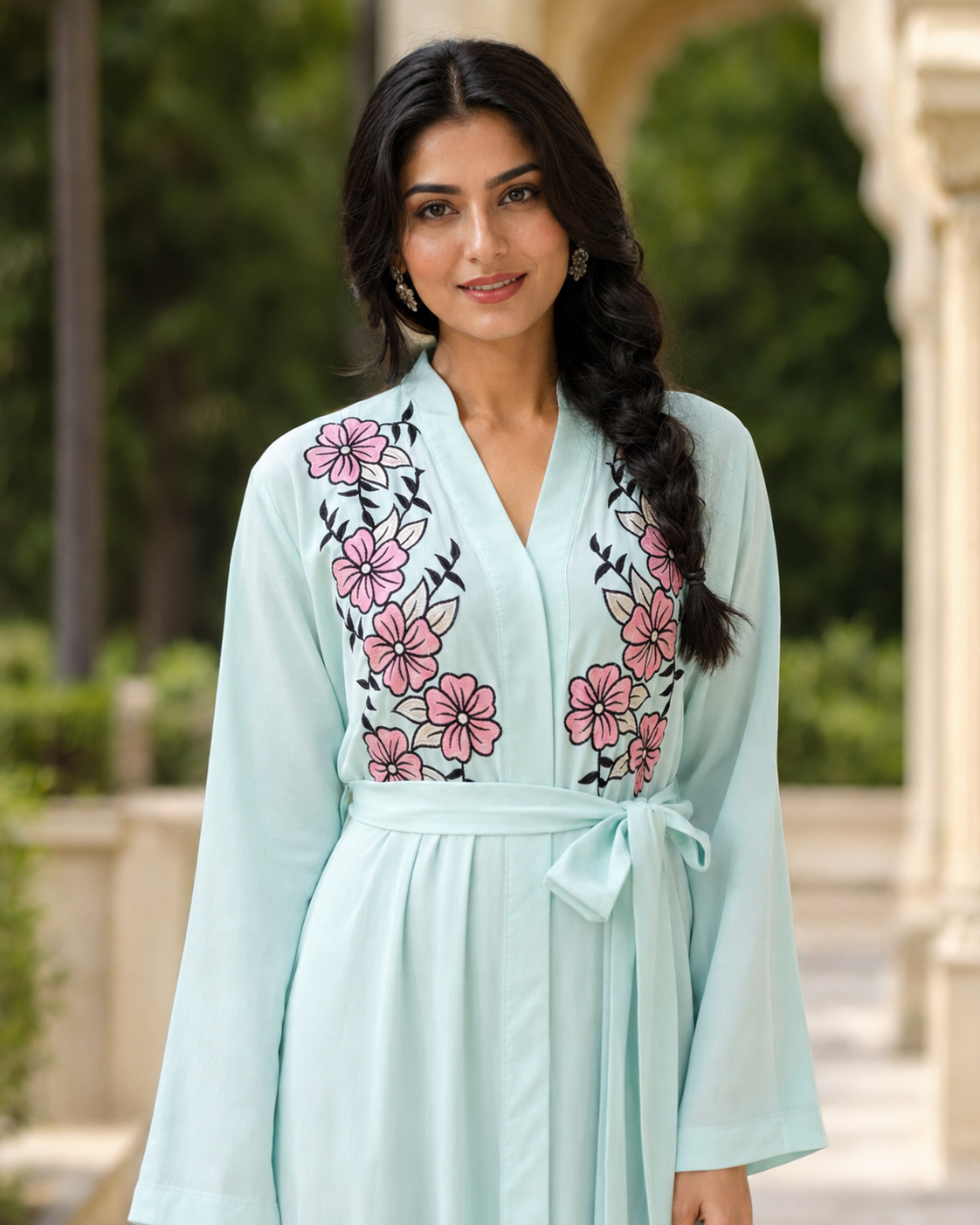 Women's Mint Floral Embroidered Maxi Dress Long Sleeve Belted Modest Abaya UK