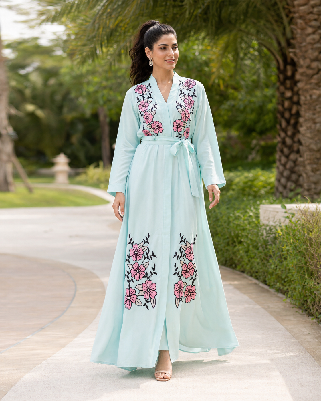 Women's Mint Floral Embroidered Maxi Dress Long Sleeve Belted Modest Abaya UK