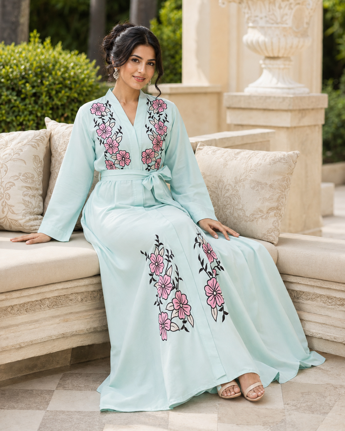Women's Mint Floral Embroidered Maxi Dress Long Sleeve Belted Modest Abaya UK