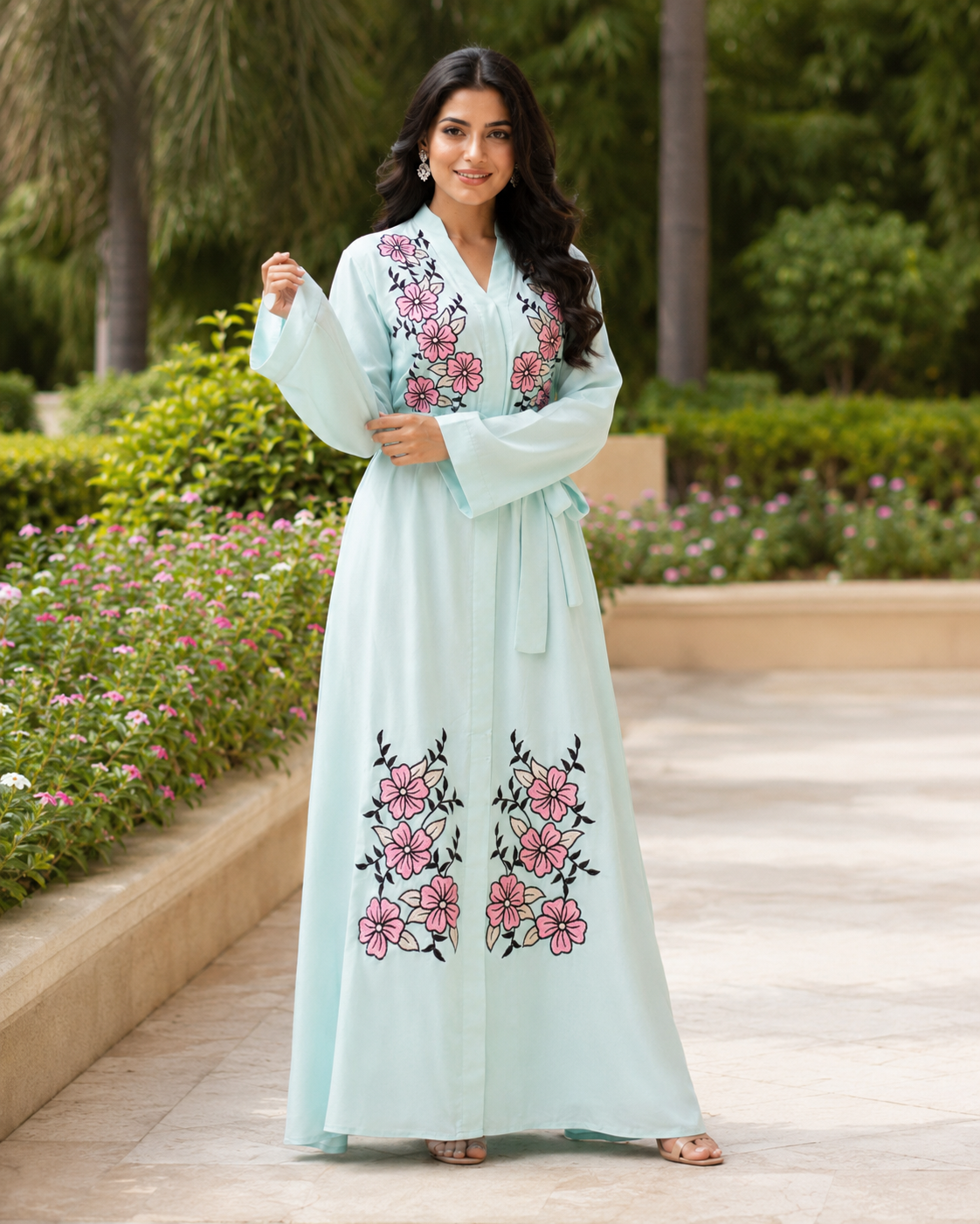Women's Mint Floral Embroidered Maxi Dress Long Sleeve Belted Modest Abaya UK