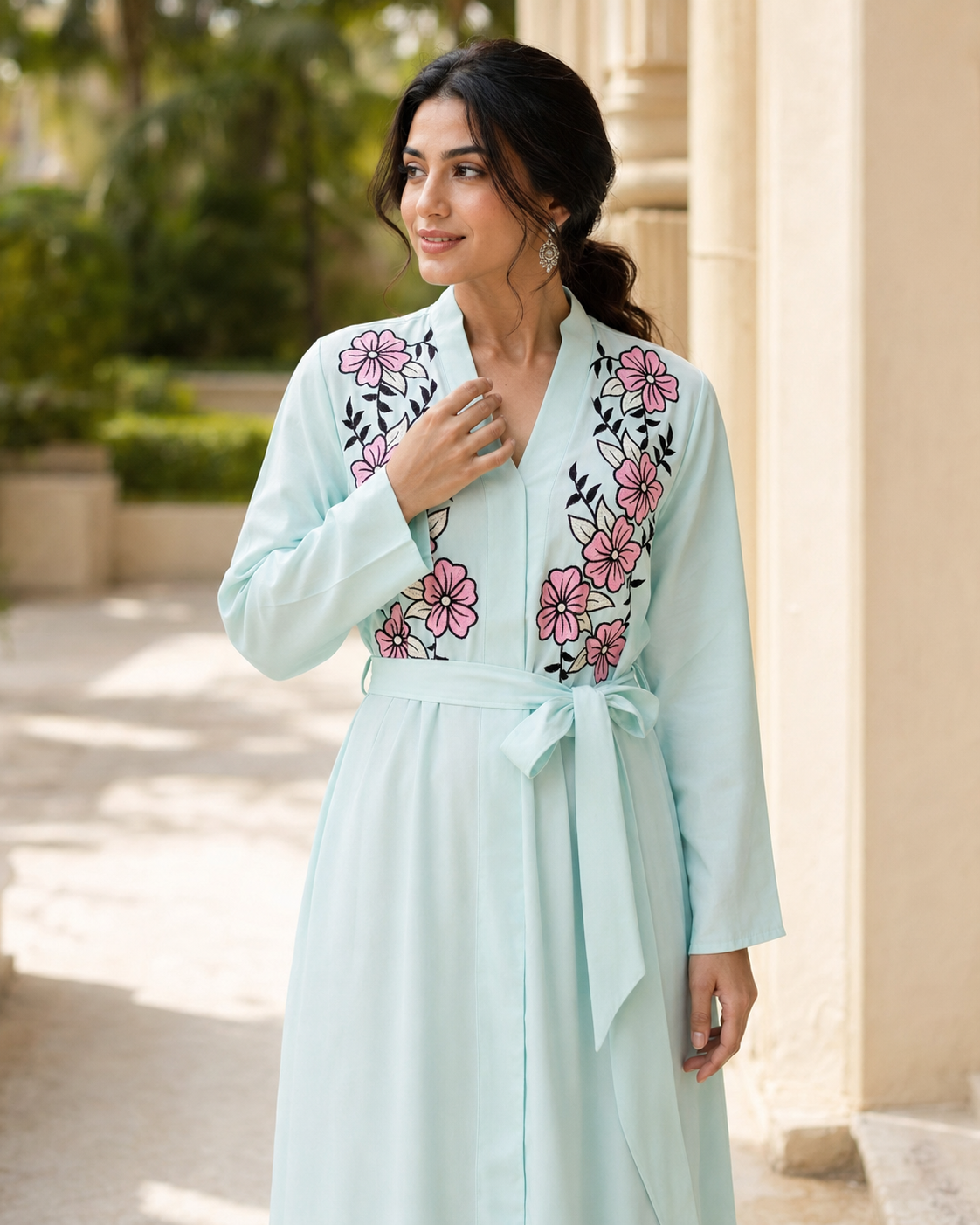 Women's Mint Floral Embroidered Maxi Dress Long Sleeve Belted Modest Abaya UK