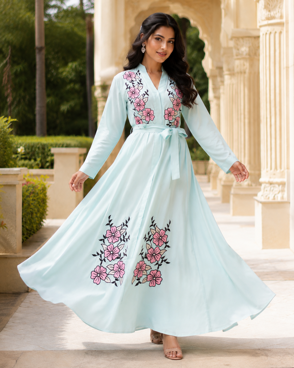 Women's Mint Floral Embroidered Maxi Dress Long Sleeve Belted Modest Abaya UK