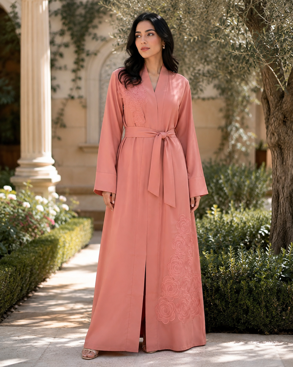 Women's Coral Pink Floral Embroidered Abaya Maxi Dress Belted Muslim Kaftan