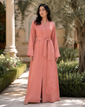Women's Coral Pink Floral Embroidered Abaya Maxi Dress Belted Muslim Kaftan
