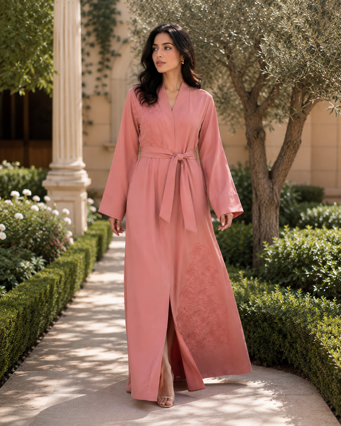 Women's Coral Pink Floral Embroidered Abaya Maxi Dress Belted Muslim Kaftan