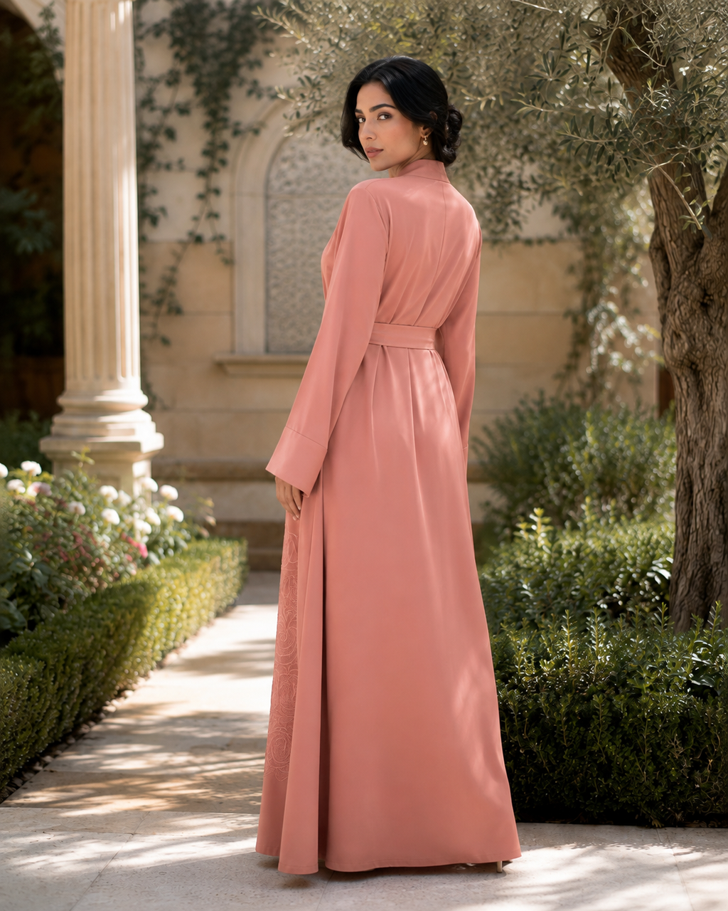 Women's Coral Pink Floral Embroidered Abaya Maxi Dress Belted Muslim Kaftan