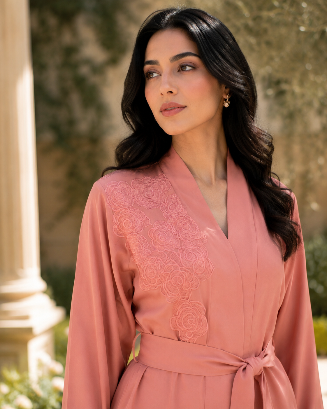 Women's Coral Pink Floral Embroidered Abaya Maxi Dress Belted Muslim Kaftan