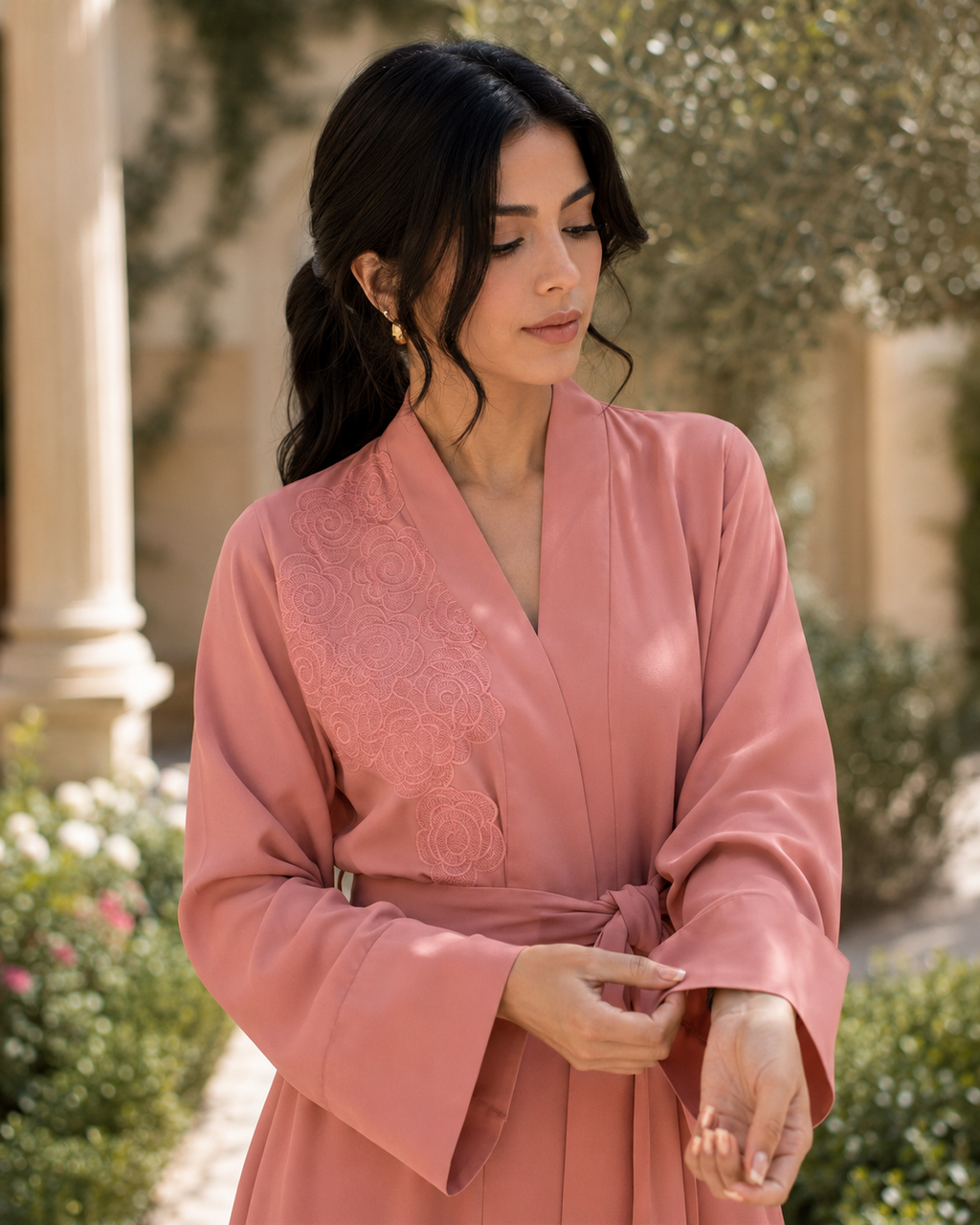 Women's Coral Pink Floral Embroidered Abaya Maxi Dress Belted Muslim Kaftan