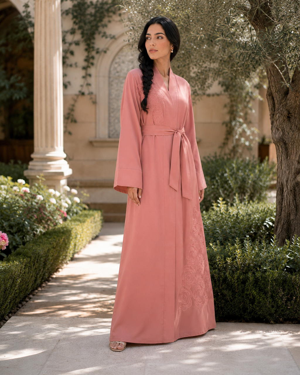 Women's Coral Pink Floral Embroidered Abaya Maxi Dress Belted Muslim Kaftan