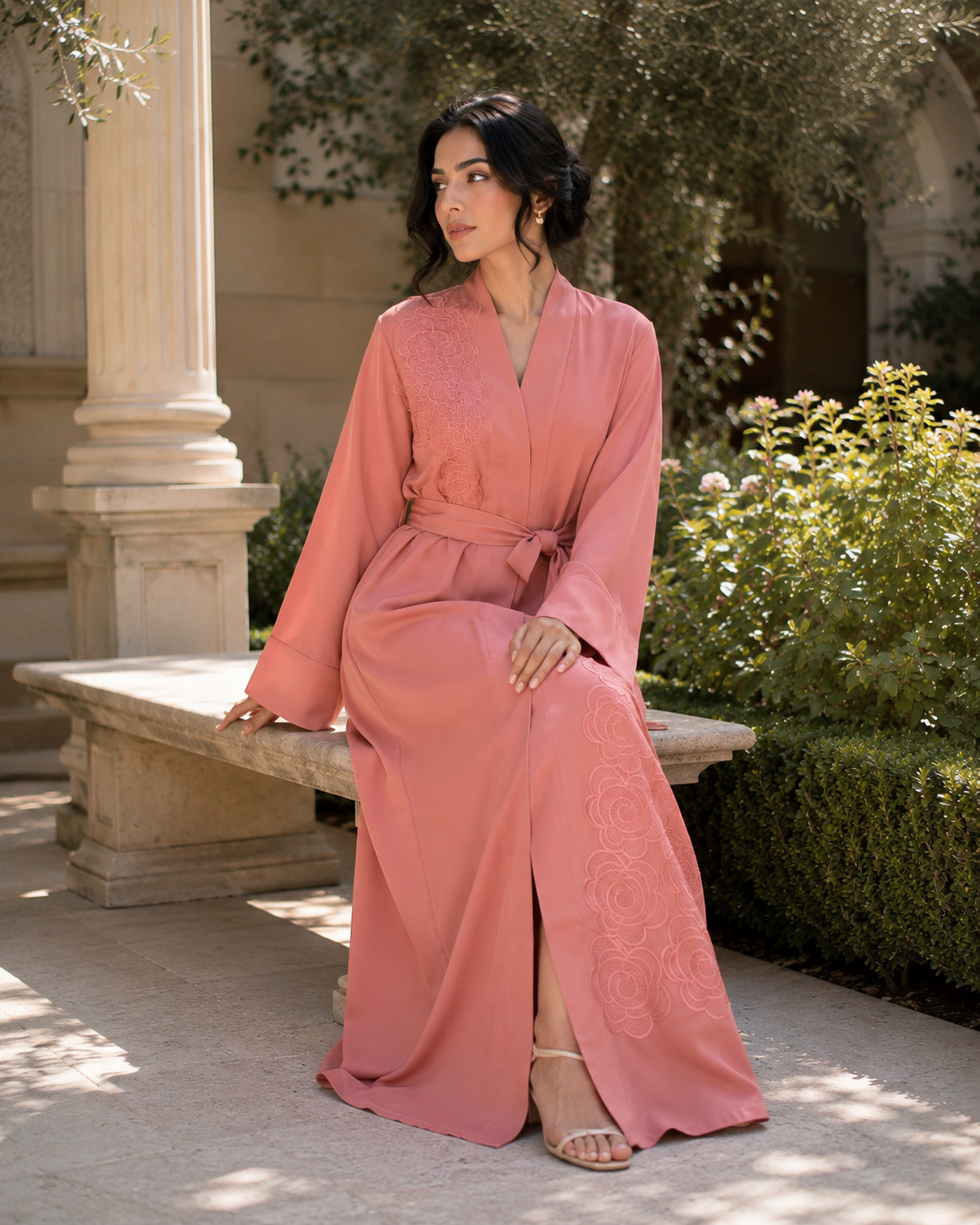 Women's Coral Pink Floral Embroidered Abaya Maxi Dress Belted Muslim Kaftan