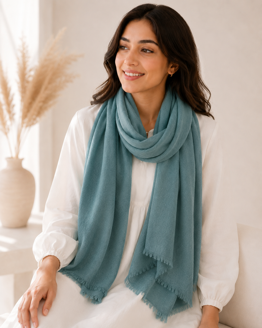 Teal Blue Wool Scarf Soft Warm Woven Winter Shawl Wrap 1.8m x 63cm