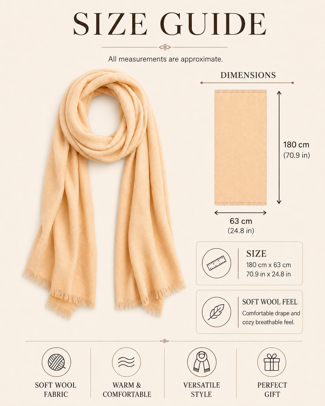 Light Apricot Wool Scarf Soft Warm Woven Winter Shawl Wrap 1.8m x 63cm