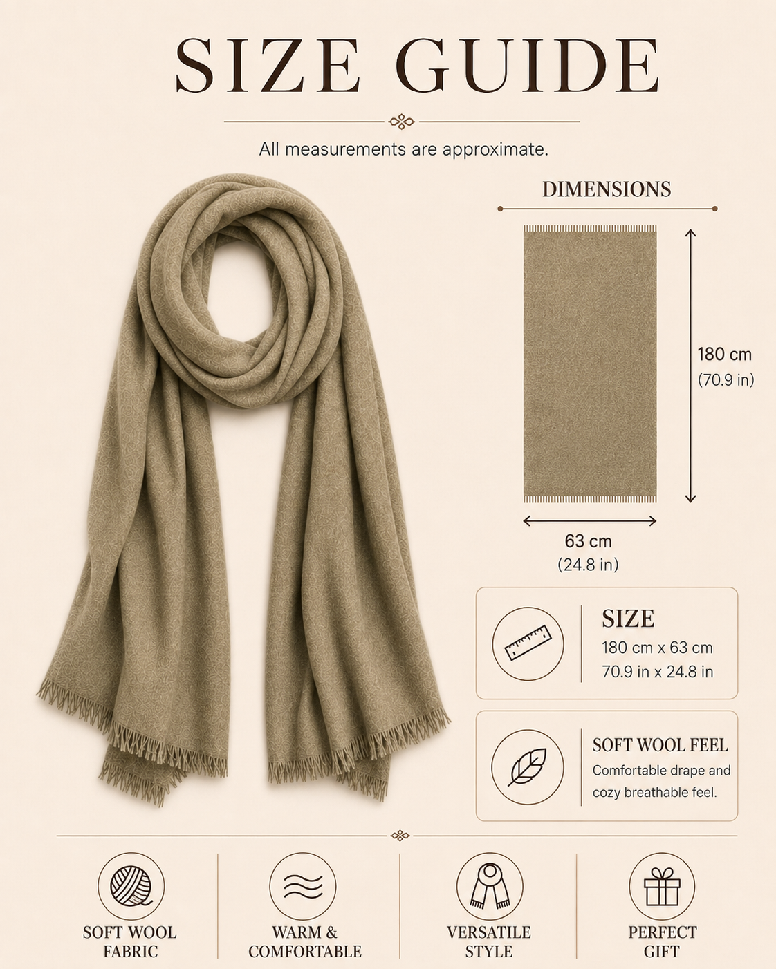 Khaki Brown Wool Scarf Soft Warm Woven Winter Shawl Wrap 1.8m x 63cm