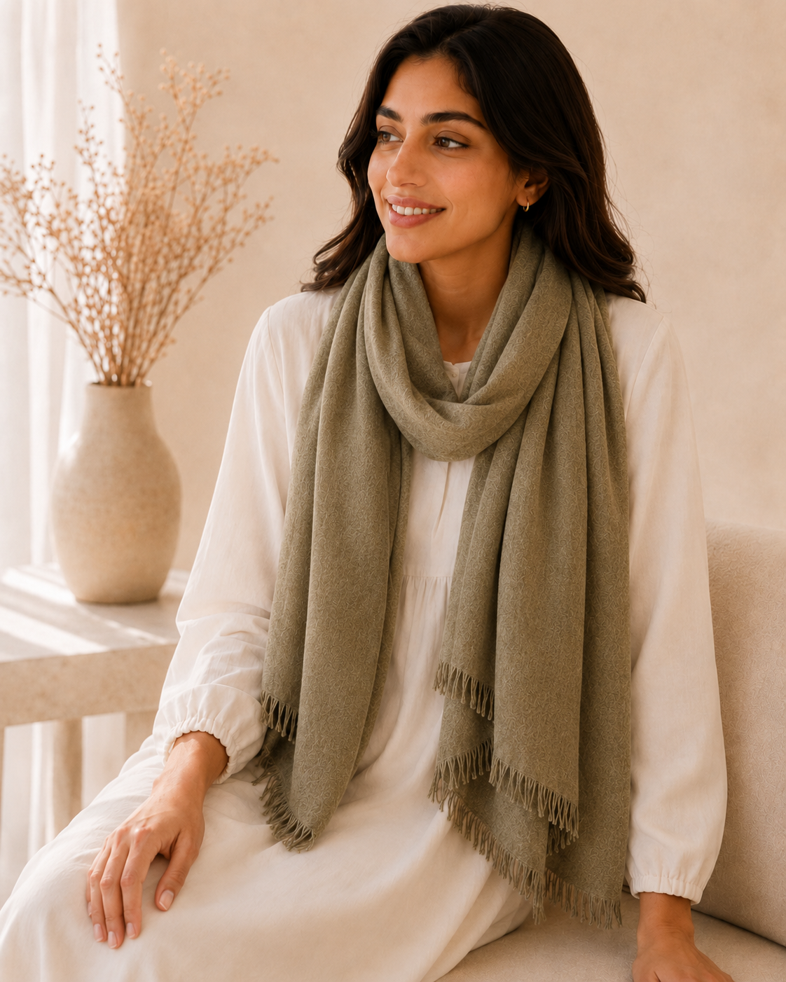 Khaki Brown Wool Scarf Soft Warm Woven Winter Shawl Wrap 1.8m x 63cm