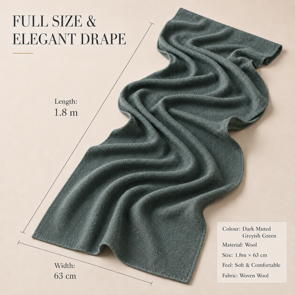 Greyish Green Wool Scarf Soft Winter Warm Sage Olive Shawl Wrap 1.8m x 63cm