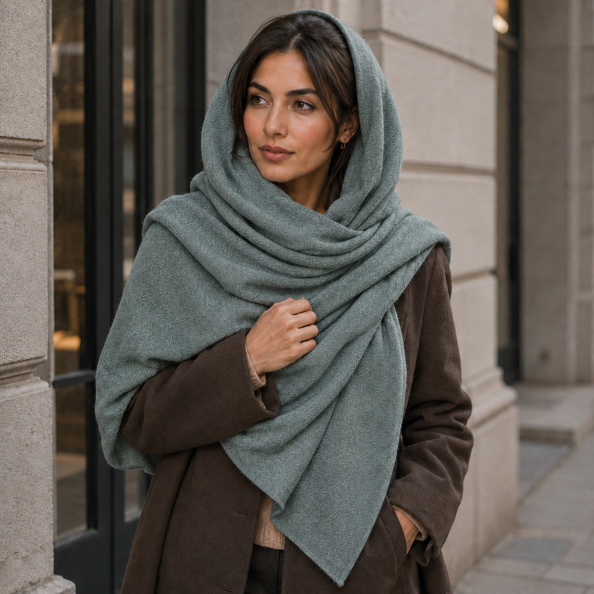 Greyish Green Wool Scarf Soft Winter Warm Sage Olive Shawl Wrap 1.8m x 63cm