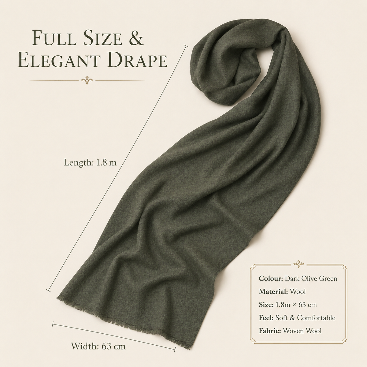 Dark Olive Green Wool Scarf Soft Warm Woven Winter Shawl Wrap 1.8m x 63cm