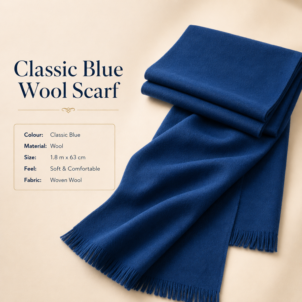 Classic Blue Wool Scarf Soft Winter Warm Fringed Shawl Wrap