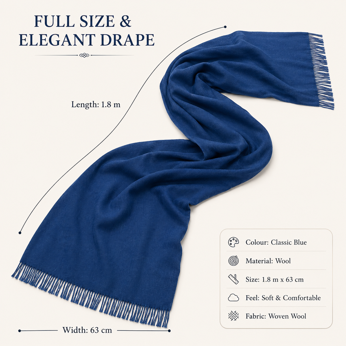 Classic Blue Wool Scarf Soft Winter Warm Fringed Shawl Wrap