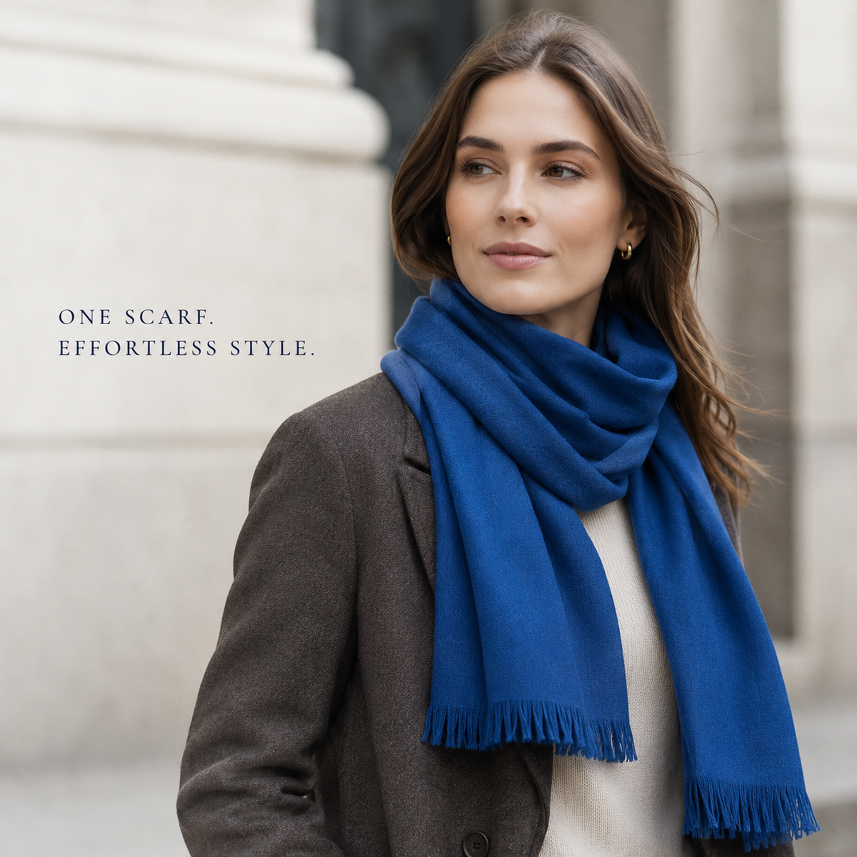 Classic Blue Wool Scarf Soft Winter Warm Fringed Shawl Wrap