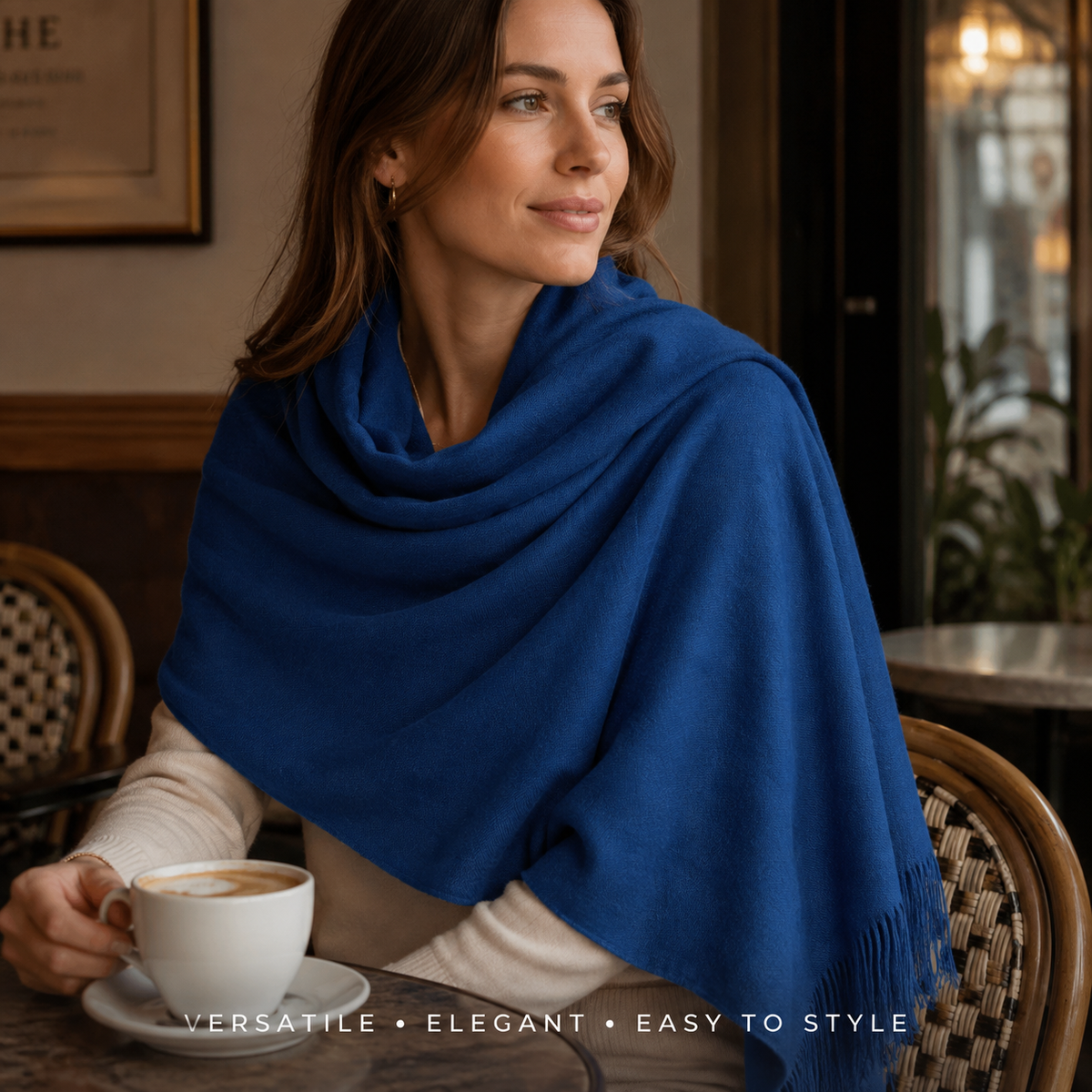 Classic Blue Wool Scarf Soft Winter Warm Fringed Shawl Wrap