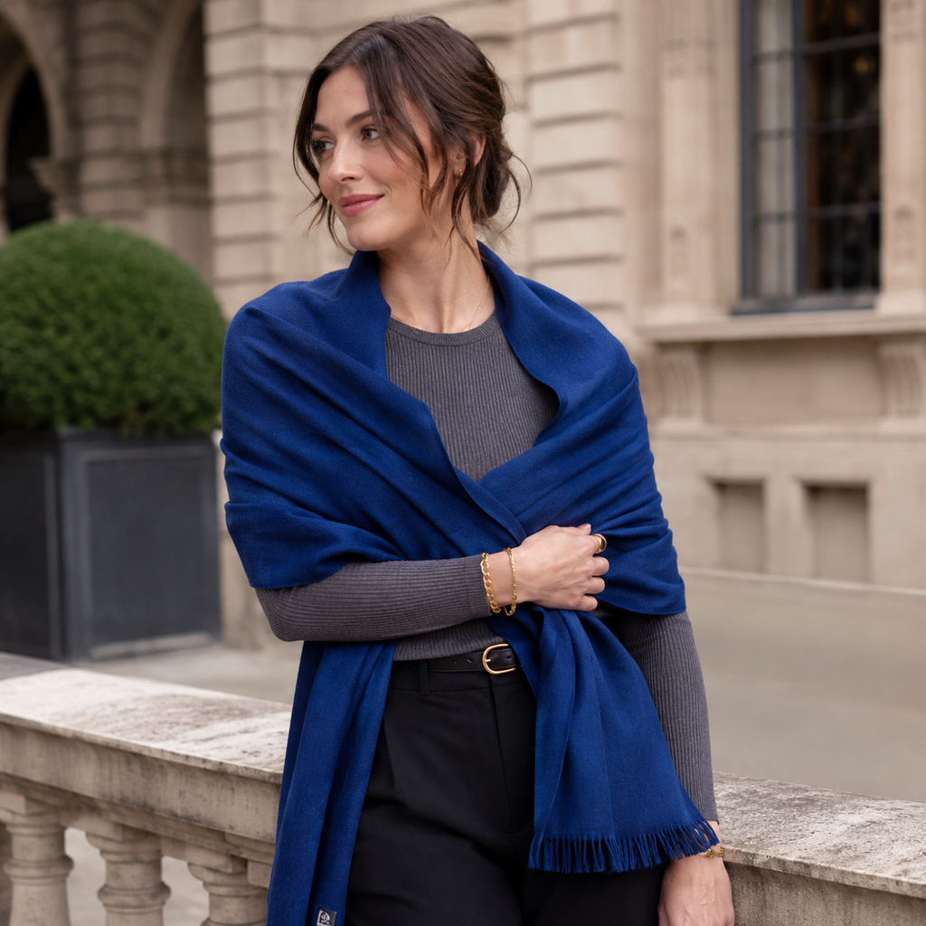 Classic Blue Wool Scarf Soft Winter Warm Fringed Shawl Wrap