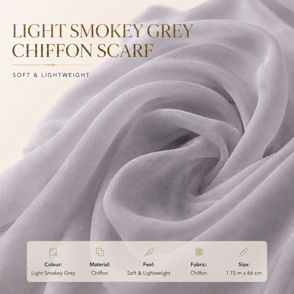 Light Smokey Grey Chiffon Scarf Women Soft Lightweight Hijab Shawl Wrap
