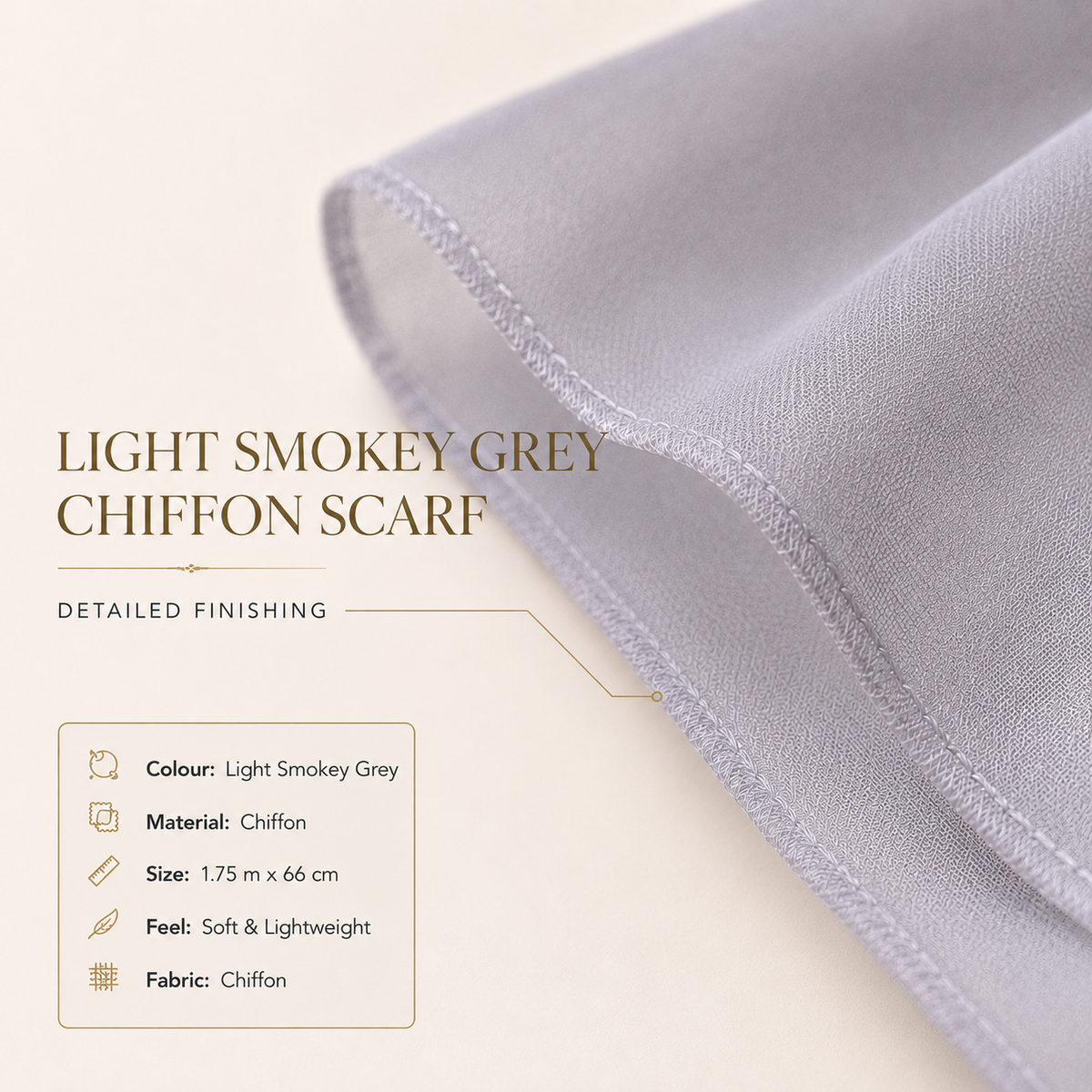 Light Smokey Grey Chiffon Scarf Women Soft Lightweight Hijab Shawl Wrap