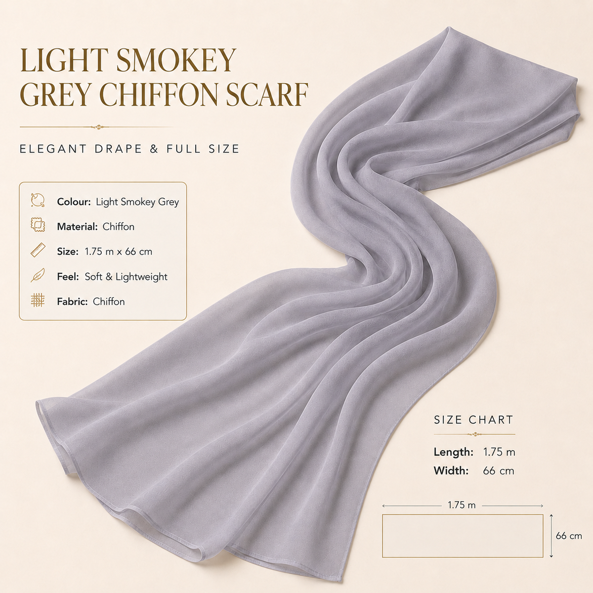 Light Smokey Grey Chiffon Scarf Women Soft Lightweight Hijab Shawl Wrap