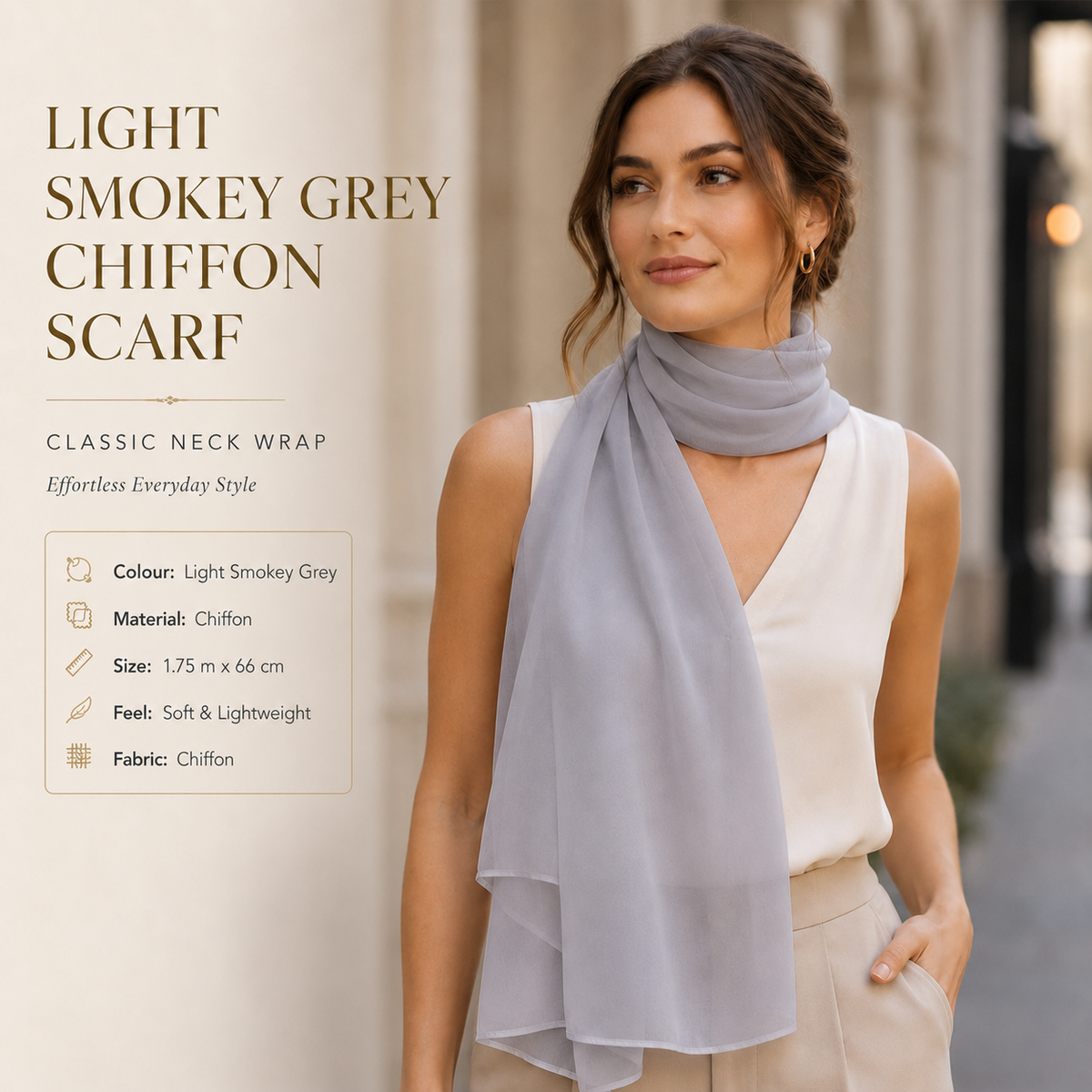 Light Smokey Grey Chiffon Scarf Women Soft Lightweight Hijab Shawl Wrap