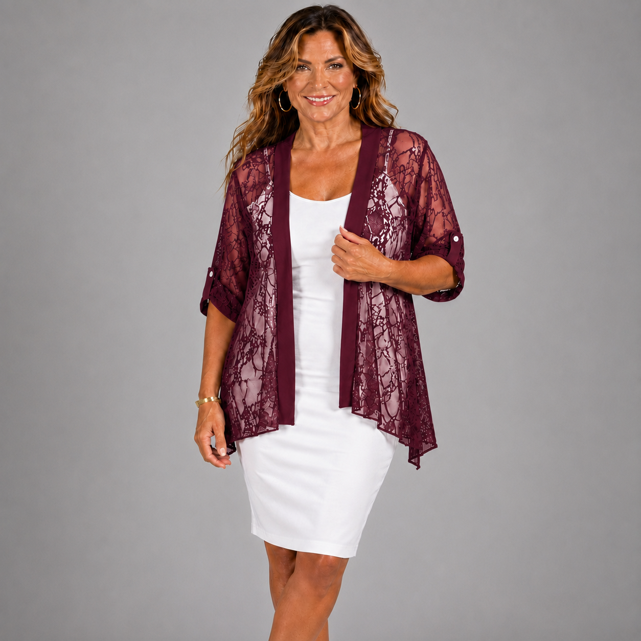Satin Panel Lace Jacket with Button Sleeves