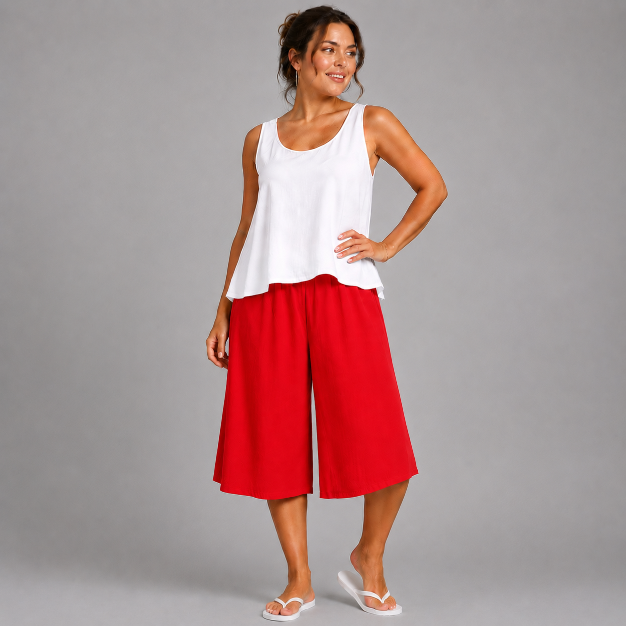 Plain Elastic High Waist Wide Leg Culottes Shorts