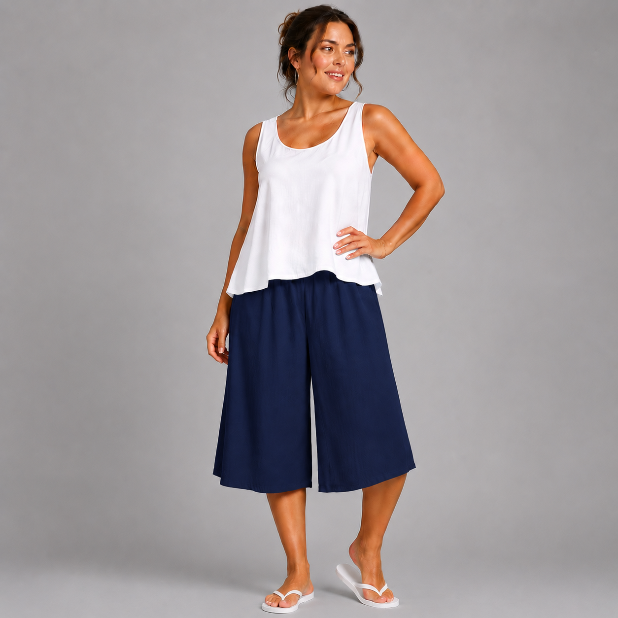 Plain Elastic High Waist Wide Leg Culottes Shorts