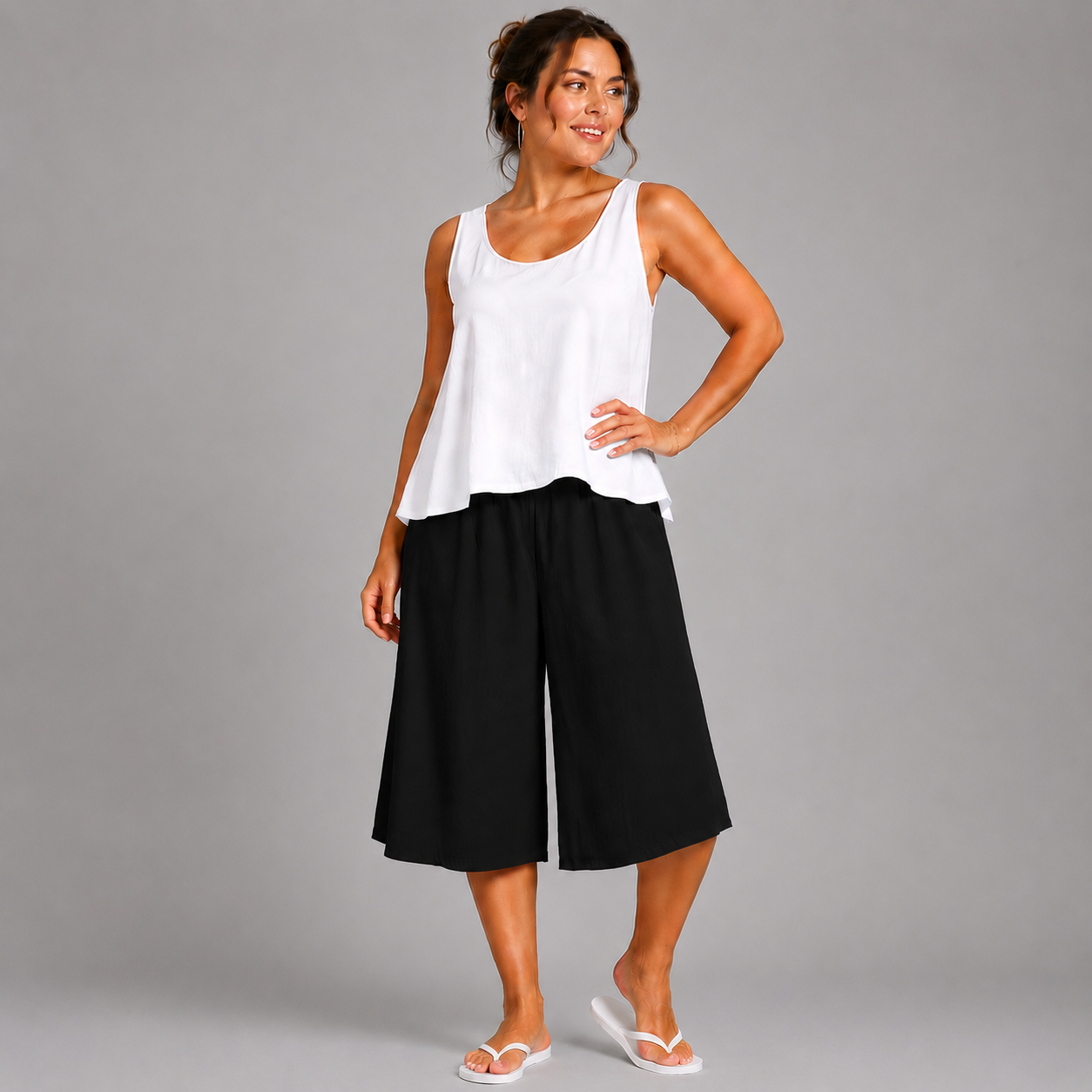 Plain Elastic High Waist Wide Leg Culottes Shorts