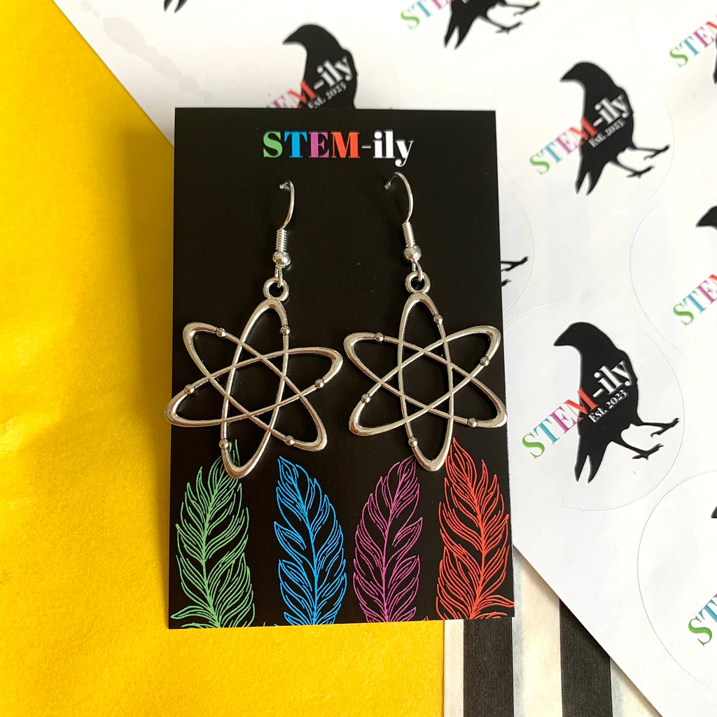Silver atom chemistry science earrings on hypoallergenic surgical steel hooks