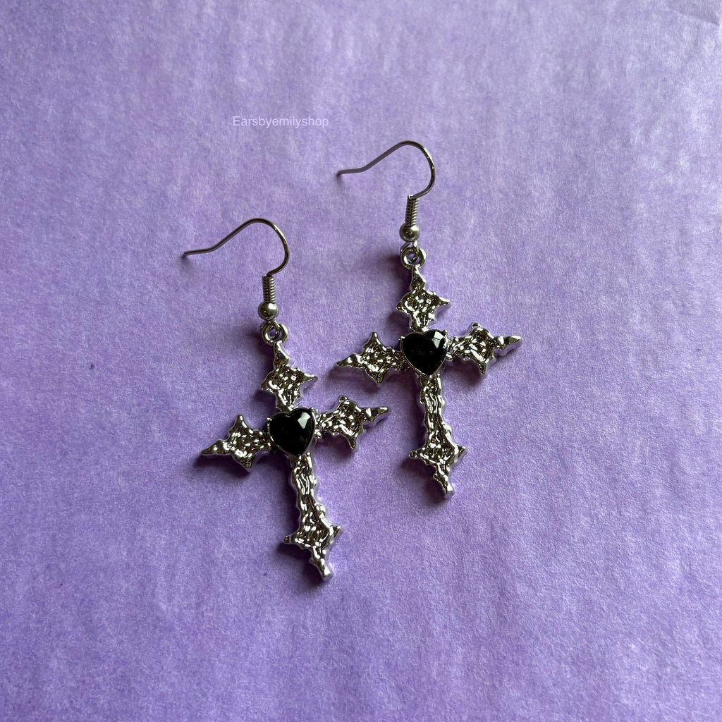 Cool silver with black heart cross drop dangle earrings on hypoallergenic surgical steel hooks