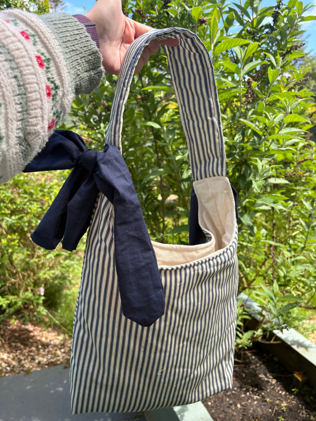 Handmade white and navy blue stripe coquette padded tote bag with bows